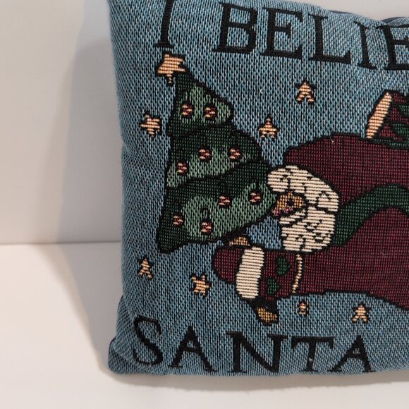 Vintage Christmas Tapestry Accent Pillow "I Believe in Santa Claus" 12"×8" Blue - Picture 2 of 5